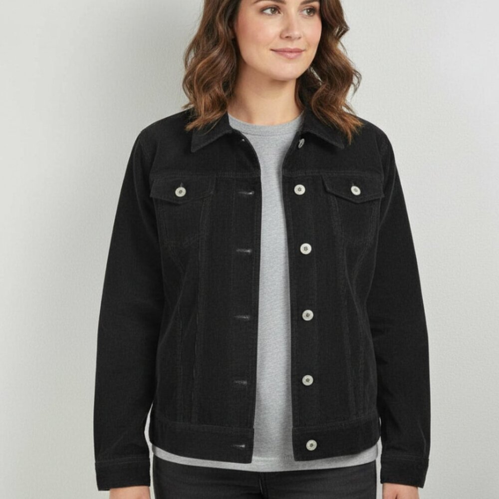 Vintage Black Corduroy Trucker Jacket Womens Size L Cotton Button - Picture 1 of 8